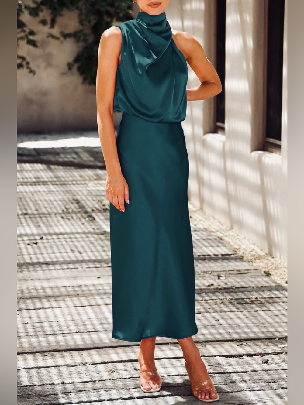 PRETTYGARDEN Women’s SMALL Satin Elegant Sleeveless Mock Neck Cocktail Dress